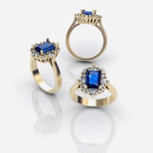 Złoty pierścionek LA57 z szafirem 1.5 ct i brylantami 0.3 ct