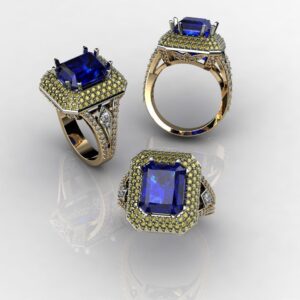 Złoty pierścionek LA68 ze szafirem 6.5 ct i brylantami 2 ct